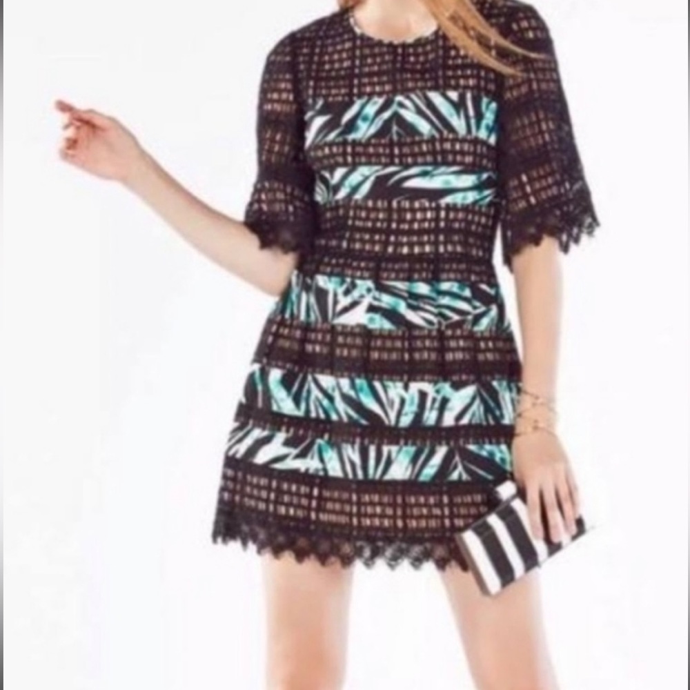 BCBGMAXAZRIA Layna black lace dress with palm accents sz 4